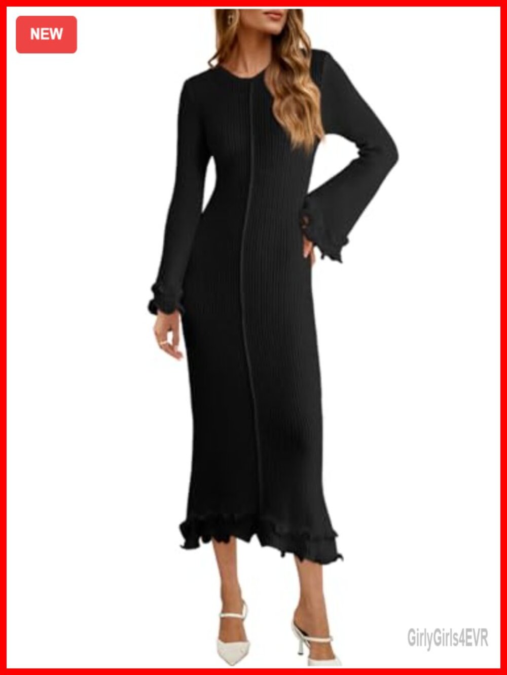 Women Ribbed Knit Bell Sleeve Bodycon Midi Sweater Dress Ruffle Cocktail